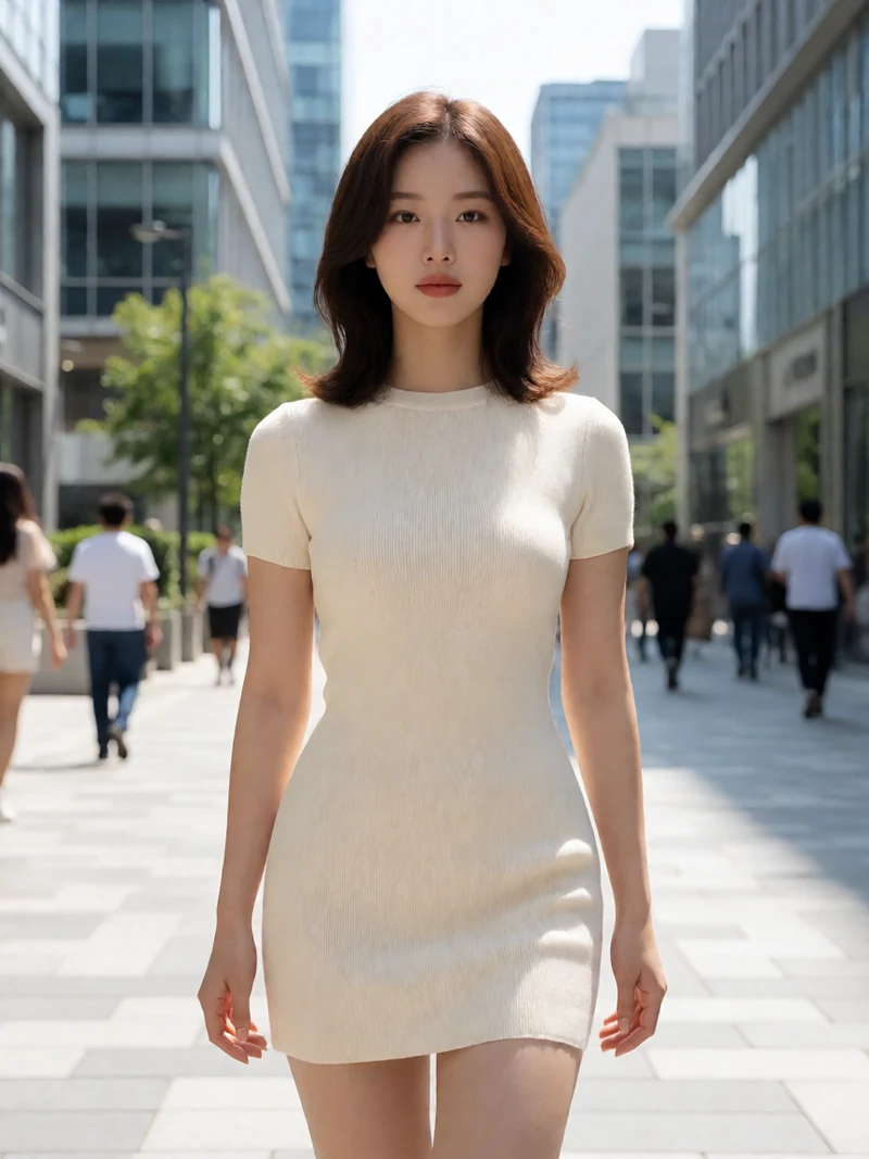 AI创作配图:米白针织裙的街头,sunny modern city pedestrian street