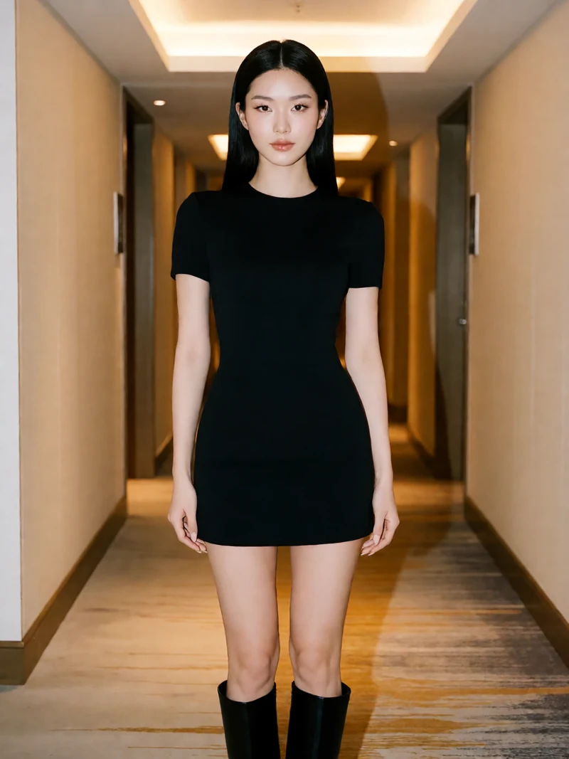 AI创作配图:黑色小礼服与酒店走廊,warm-lit elegant hotel corridor