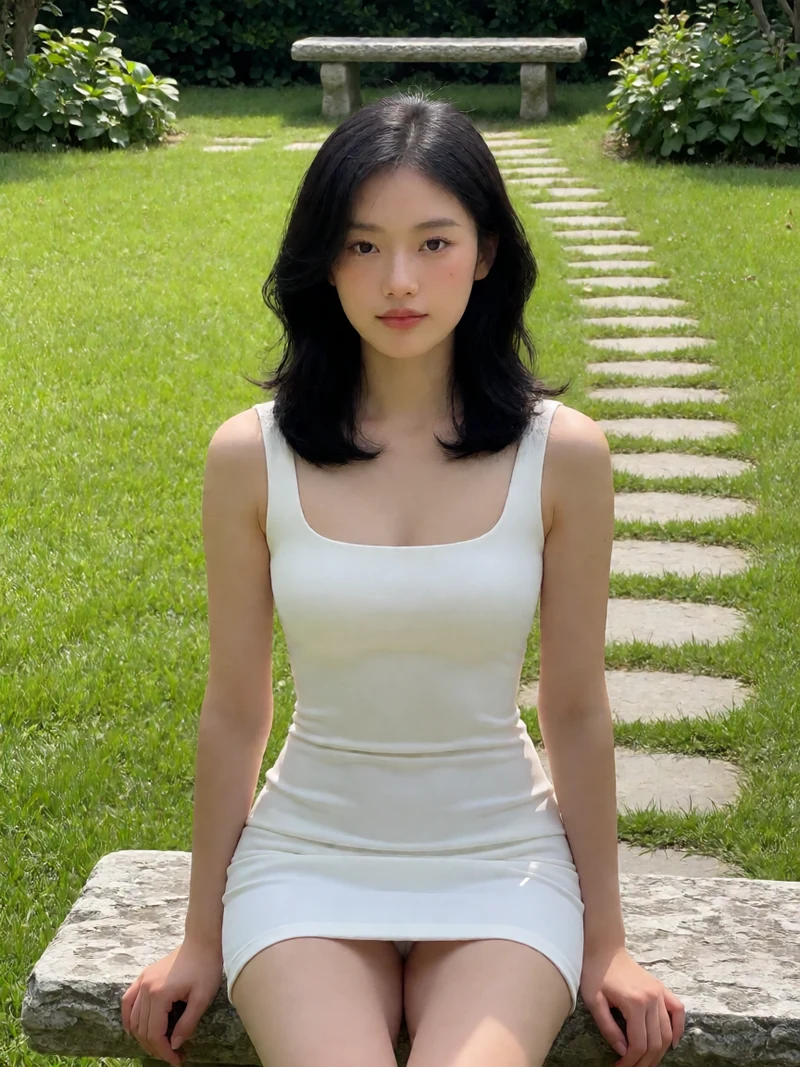 AI创作配图:花园白裙午后,bright green garden with stone path and bench