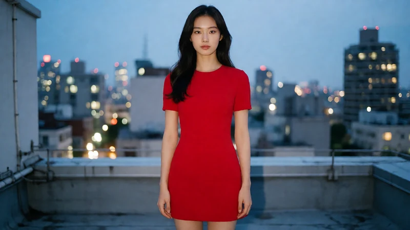 AI创作配图:城市霓虹中的红色短裙,urban rooftop at blue hour with city lights
